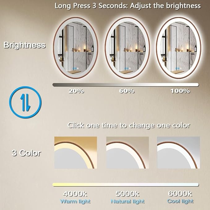 24 x 32 Inch Wood Frame LED Oval Mirror with Lights Smart Memory 3 Color Dimmable AntiFog Wooden Grain Design 32 Inch Wood Oval Lighted Vanity Mirror for Bathroom Wall Mounted