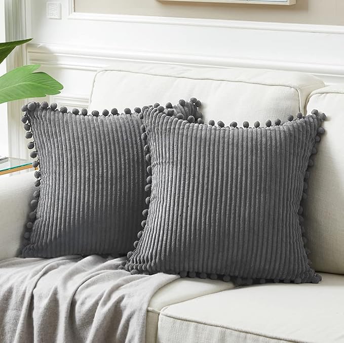 Fancy Homi Set of 2 Dark Gray Decorative Throw Pillow Covers 14x14 Inch with Pom-poms for Couch Bed Sofa, Modern Farmhouse Boho Home Decor, Soft Plush Corduroy Cute Cushion Case 35x35 cm