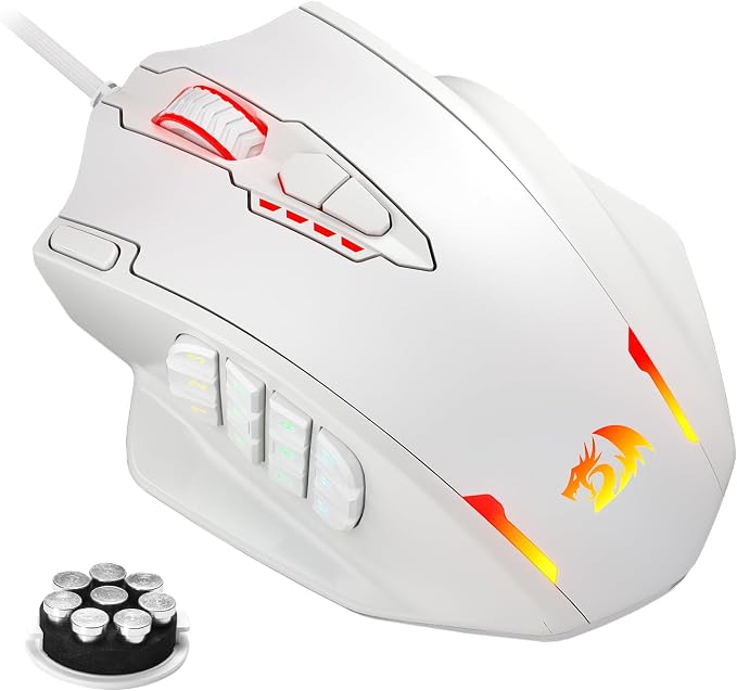 Redragon M908 Impact RGB LED MMO Gaming Mouse with 12 Side Buttons, Optical Wired Ergonomic Mouse with Max 12,400DPI, High Precision, 18 Programmable Macro Shortcuts, Comfort Grip, White | Stable Lag-Free Connection, Redefine Keybinding Macro, Vibing B...