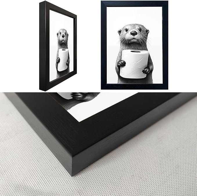 Black and White Bathroom Wall Art, Funny Bathroom Wall Decor, Toilet Paper in Raccoon's Hand Art Decor, Framed Animal Painting for Wall