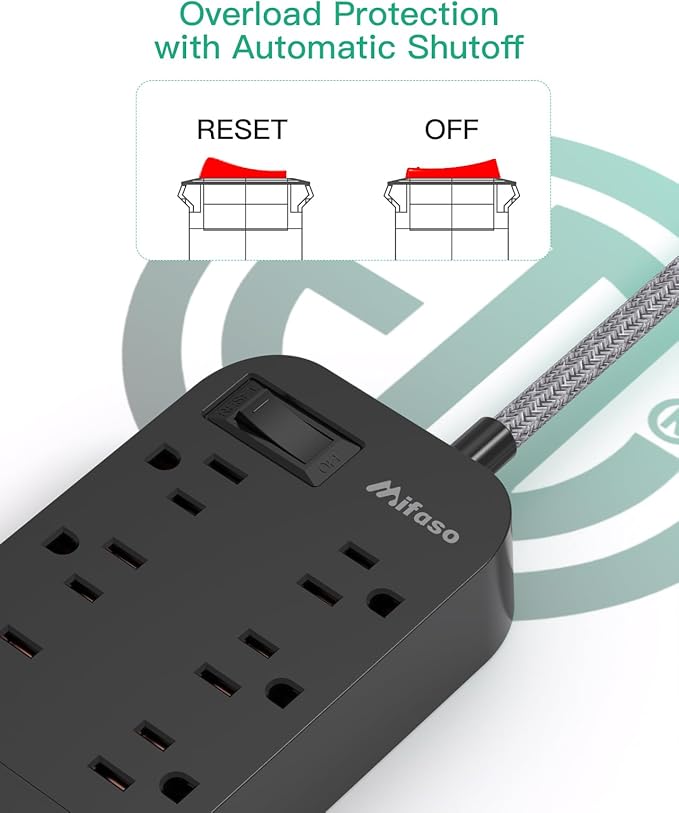 Power Strip - 10 FT Long Flat Plug Extension Cord, 6 Outlets 4 USB Ports (2 USB C) Outlet Extender, Wall Mount, Desktop Charging Station for Home, Office and Dorm Essential, Black