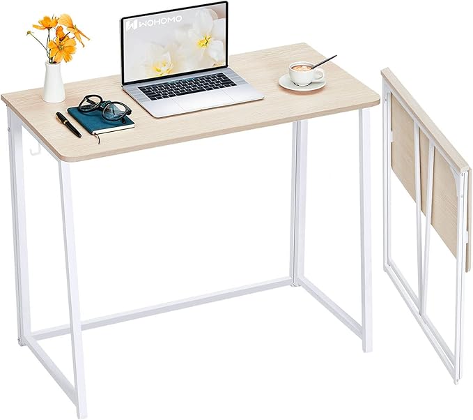 WOHOMO Folding Desk, 39.4" Foldable Computer Table for Small Spaces, Oak | Easy Assembly and Fold, Sturdy Home office desks for Study Bedroom Dorm Space Saving Writing Work Apartment