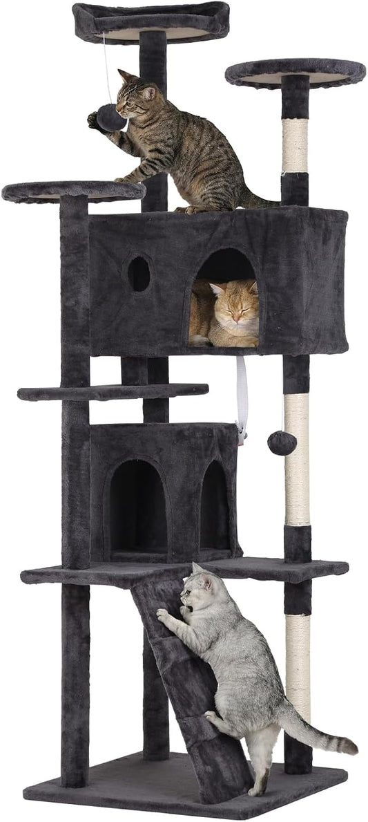 70in Cat Tree Cat Climbing Tower with Scratching Post, Cats House Perch Kitten Tree Condo Wood Playhouse, Pet Trees Tower for Indoor Cats, Dark Gray