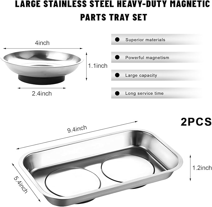 Sun Walker 2 PCS Magnetic Tray Holders, Stainless Steel Tray Set with Strong Magnet, Heavy Duty Thickened Magnetic Trays for Screws Bolts Nuts Washers Pins (9.4"×5.4" Square+4" Round)