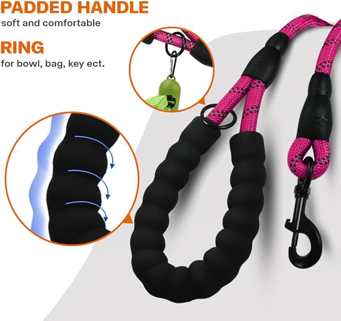 Taglory Rope Dog Leash 4 FT with Comfortable Padded Handle, Highly Reflective Threads Leash and Anti-Tangle Clip for Walking Medium Large Dogs, 1/2 inch, Hotpink