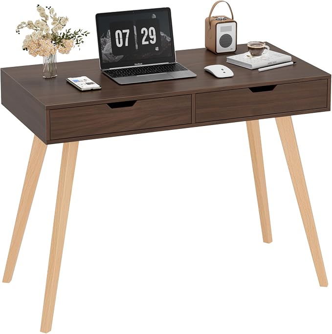 FOTOSOK White Computer Writing Desk with 2 Drawers, Small Desk Makeup Vanity Table Wood Desk with 4 Oak Legs, Modern Home Office Desk Console Study Table, Walnut