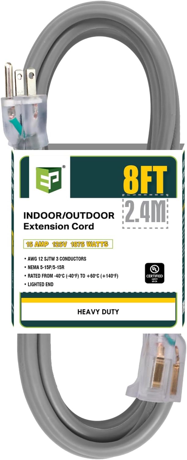 EP 8 Ft Lighted Outdoor Extension Cord - 12/3 SJTW Heavy Duty Grey Extension Cable with 3 Prong Grounded Plug - Power Cord for Lawn, Garden, Appliances