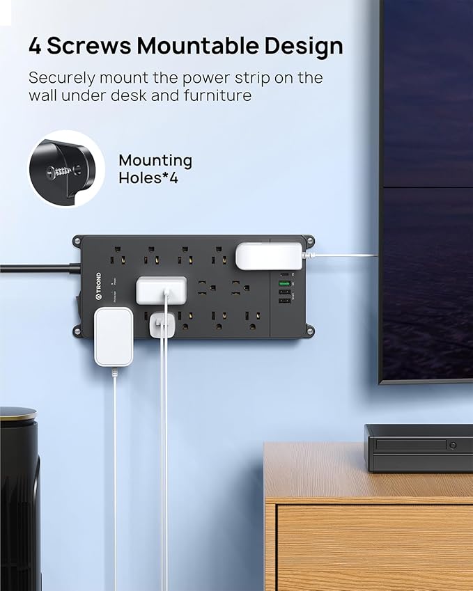 TROND Surge Protector Power Strip 15 ft, Flat Plug Extension Cord with 32W USB C & QC 3.0 Charger, 4000 Joules, ETL Listed, 13 Wide Spaced Outlets, Heavy Duty, Wall Mount for Home Office, Black