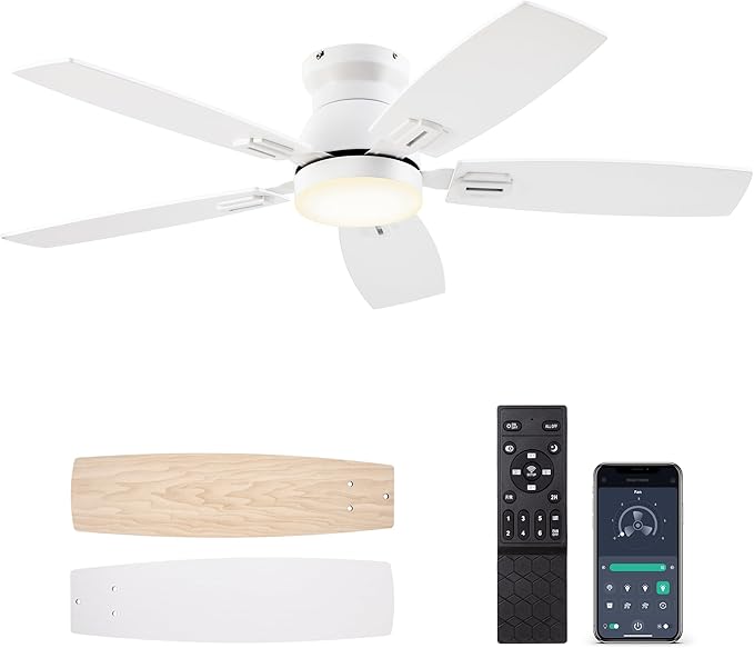 SUNMORY 42" Ceiling Fans with Lights and Remote/APP Control, Low Profile Ceiling Fan with Light, Reversible, Quiet 6 Speeds, Dimmable, Flush Mount Ceiling fan for Bedroom Indoor/Outdoor Use White
