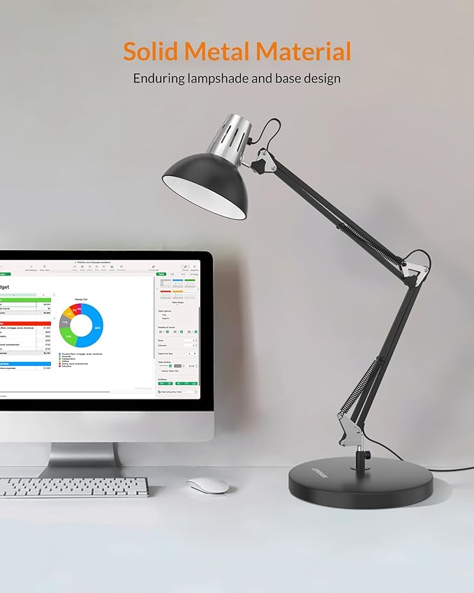 LEPOWER Metal Adjustable Desk Lamp with Clamp, Swing Arm for Home Office | Gooseneck, Architect Style, Eye-Caring Table Lamp, On/Off Switch, E26 Base, Reading for Dorm, Bedroom, Study, Back to School