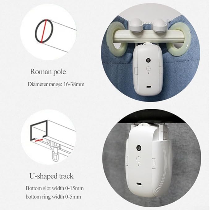 Automatic Smart Curtain Opener with Remote Control, Automatic Curtain Opener and Closer Smart Curtain Opener Electronic for Roman Rod/U/T Rails(2PC TU)
