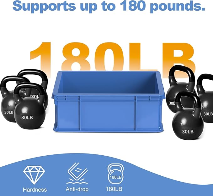 Heavy Duty Storage Bins, 180lbs Load Capacity Totes for Storage, 14.2"L x 10.4"W x 5.5"H, Stackable Straight Wall Container, Plastic Tote for Garage & Workshop, Stickable Labels, Blue, 1-Pack
