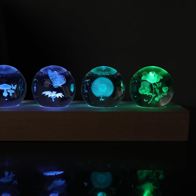7 Pcs Flower Crystal Ball Night Light with LED Wooden Base, 3D Dandelion, Four-Leaf Clover, Mushroom, Rose, Tulip Plant Lamp for Home Office Gifts for Christmas Decor
