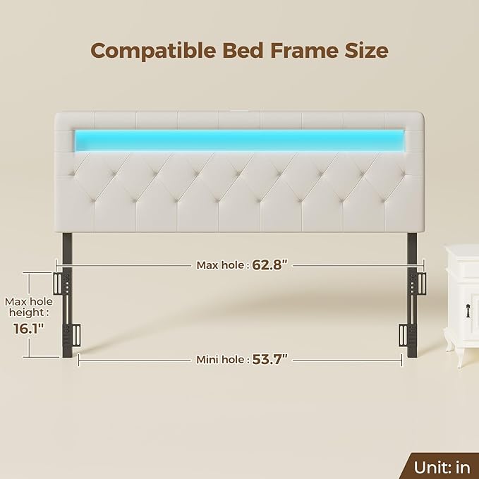 GREENSTELL Headboard for Queen Size Bed with 60,000 DIY Color of LED Light, USB & Type C Post, Upholstered, Height Adjustable, Sturdy, Easy Assembly, Wall Mounted Head Boards Only, White