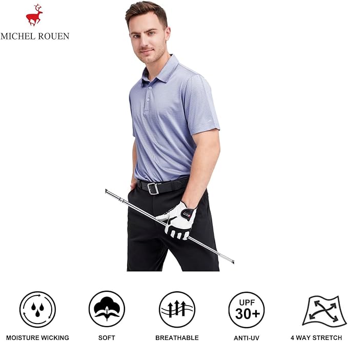 Mens Golf Shirt Moisture Wicking Dry Fit Performance Sport Short Sleeve Striped Golf Polo Shirts for Men