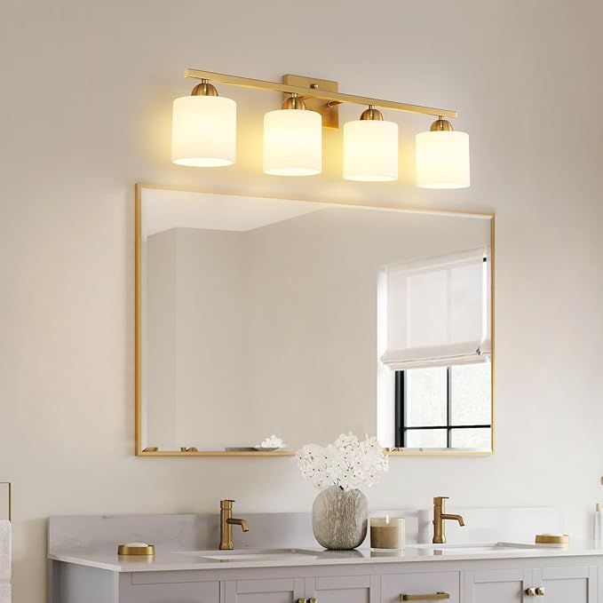 Stainless Steel Milk Glass Vanity Lights for Bathroom, 4 Light Gold Bathroom Light Fixtures Over Mirror, Ceramic E26 Sockets Wall Mounted