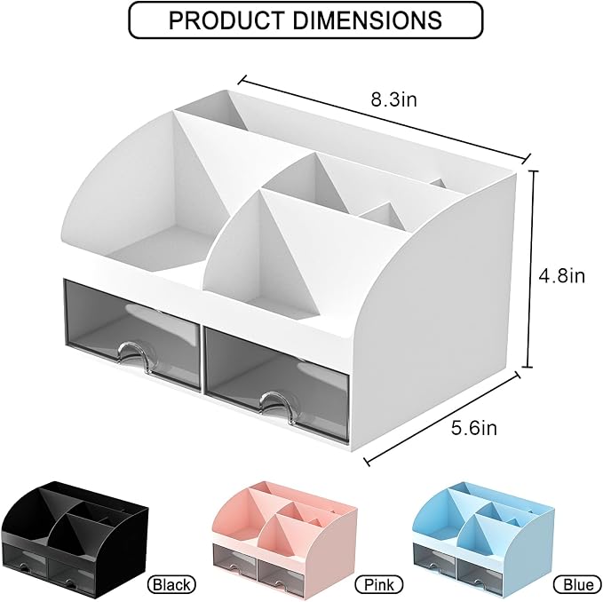 Makeup Organizer with Drawers, Cosmetic Storage for Dresser Vanity and Bathroom Countertop, Beauty Holder for Lipstick Brush, Skincare Organizer for Vanity, Cosmetic Display Case (White-2P)