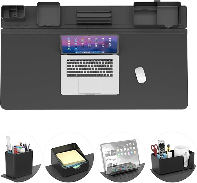 KDD Desk Pad and Magnetic Organizer Set - 5 in 1 Large Mouse Mat with Phone Stand, Cup Holder, Pen Holder, Storage Box & Card Case, Multifunction DIY Desktop Storage Accessories for Office and Home