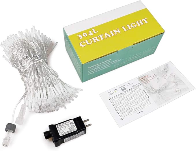 HEYFUNi Fiee Curtain Lights,304L 9.8ftX9.8ft 30V 8Modes Safety Window Lights for Home Wedding Christmas Party Patio Lawn Garden Bedroom Outdoor Indoor Wall Decorations (304LED, Blue+White)