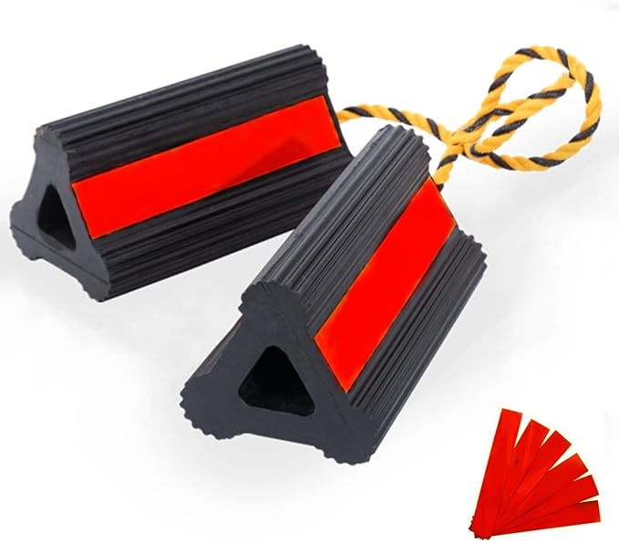 Wheel Chocks Rubber Heavy Duty Trailer Wheel Chocks with Red Reflective Visibility Tape and Yellow Nylon Rope 8.27" x 4.53" x 3.94" (Comes with Spare Red Reflective Strip)