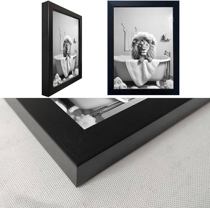 Framed Black and White Animal Bathroom Wall Art Funny Lion in tub Bathroom Pictures Wall Decor Bathtub Print Paintings