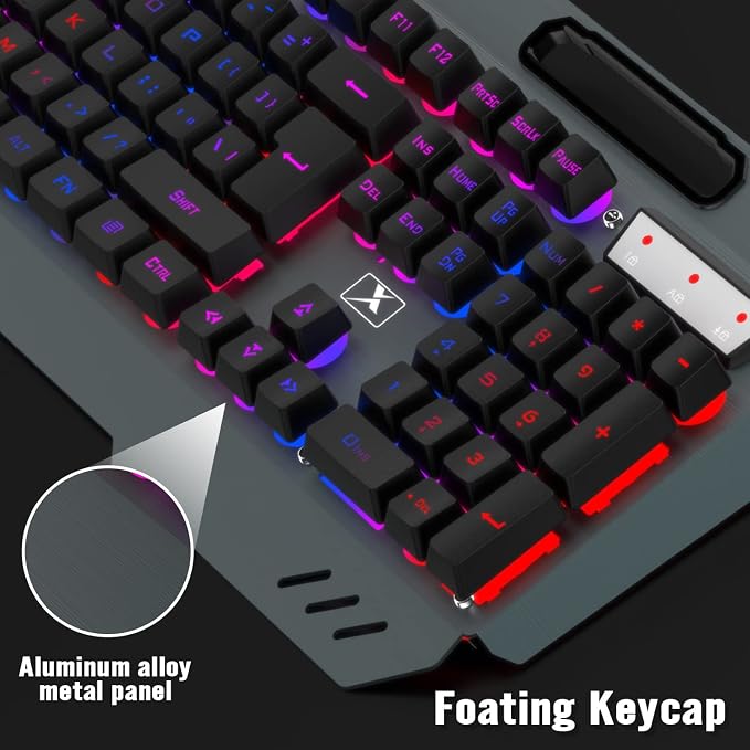 Wireless Gaming Keyboard and Mouse Combo,Rainbow LED Backlit Keyboard with Rechargeable 3800mAh Battery Metal Panel,Removable Wrist Rest Mechanical Feel and 7 Color Mute Gaming Mice for PC PS4 PS5