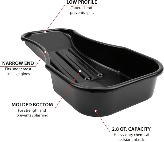 Performance Tool W4073 Heavy Duty 2.8 Quart Oil Drain Pan with Splash Guard and Tapered Spout for Lawn Equipment and Motorcycles
