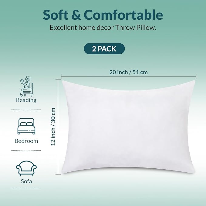 ROYALE LINENS 12x20 Pillow Insert - Down Alternative Throw Pillows Insert - Rectangle Pillow Pack of 2 White - Bed & Couch Pillows - Inner Cushion for Bed, Cushion for Living Room - Shams Stuffer