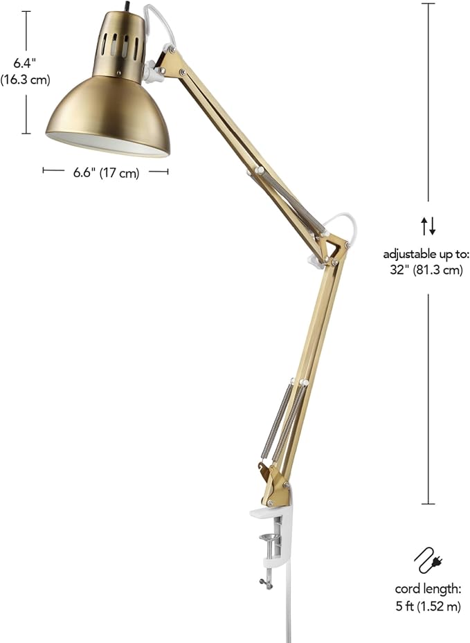 Globe Electric 62000010 32" Multi-Joint Desk Lamp with Metal Clamp, Matte Brass, White Accents, On/Off Rotary Switch on Shade, Partially Adjustable Swing Arm, Home Décor, Office Accessory