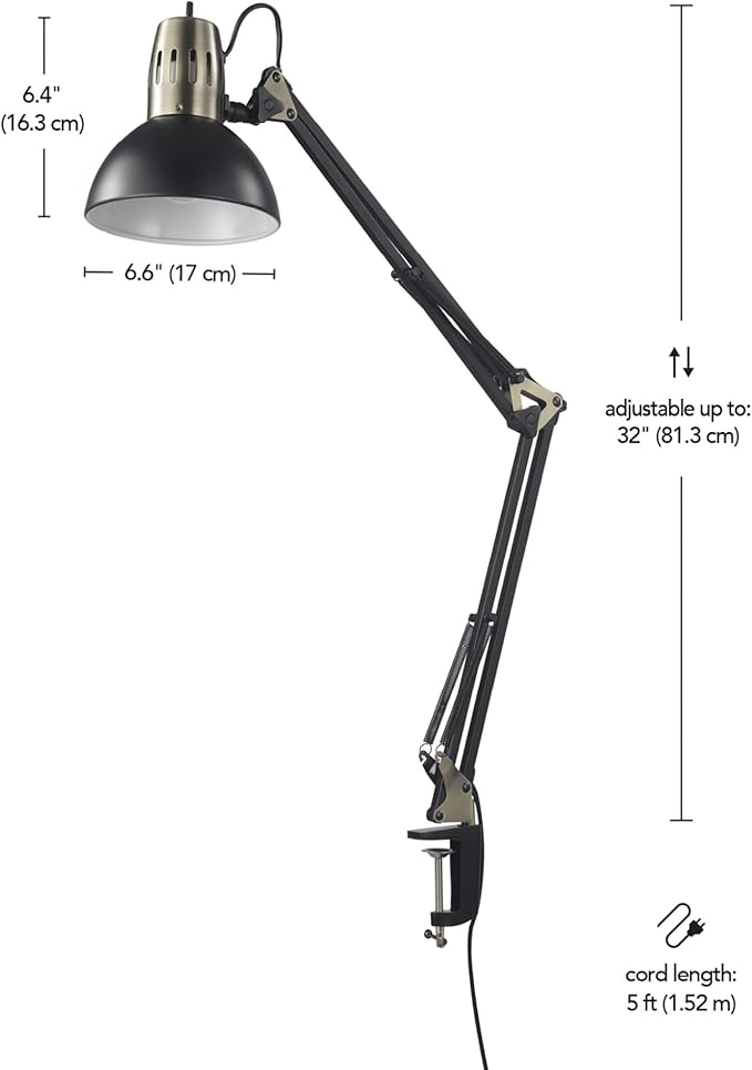Globe Electric 62000009 32" Multi-Joint Desk Lamp with Metal Clamp, Matte Black, Antique Brass Accents, On/Off Rotary Switch on Shade, Partially Adjustable Swing Arm, Home Décor, Office Accessory