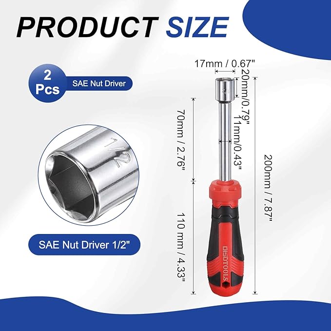 HARFINGTON 2 Pcs SAE Nut Driver 1/2" CR-V Non-Magnetic Tip Hollow Shafts Hex Socket Screwdriver with Anti-Slip Handle for Automobile Repair Bit Driver