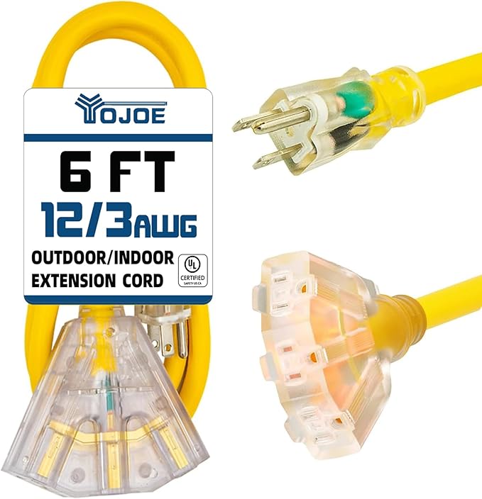 YOJOE 3-Outlets Indoor Outdoor Extension Cord with Lighted End, 3 Prong 15A Weatherproof Power Cord, 12 Gauge Heavy Duty 6 ft Yellow Extension Cord Multiple Outlets, 12/3 SJTW UL Listed