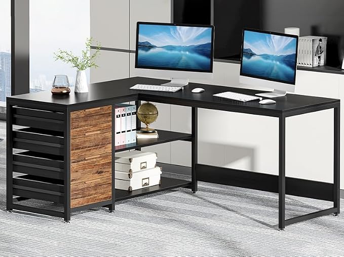 Tribesigns L Shaped Computer Desk with Storage Drawers, 59 inch Corner Desk with Shelves, Reversible L-Shaped Office Desk Study Writing Table Workstation for Home Office, Black