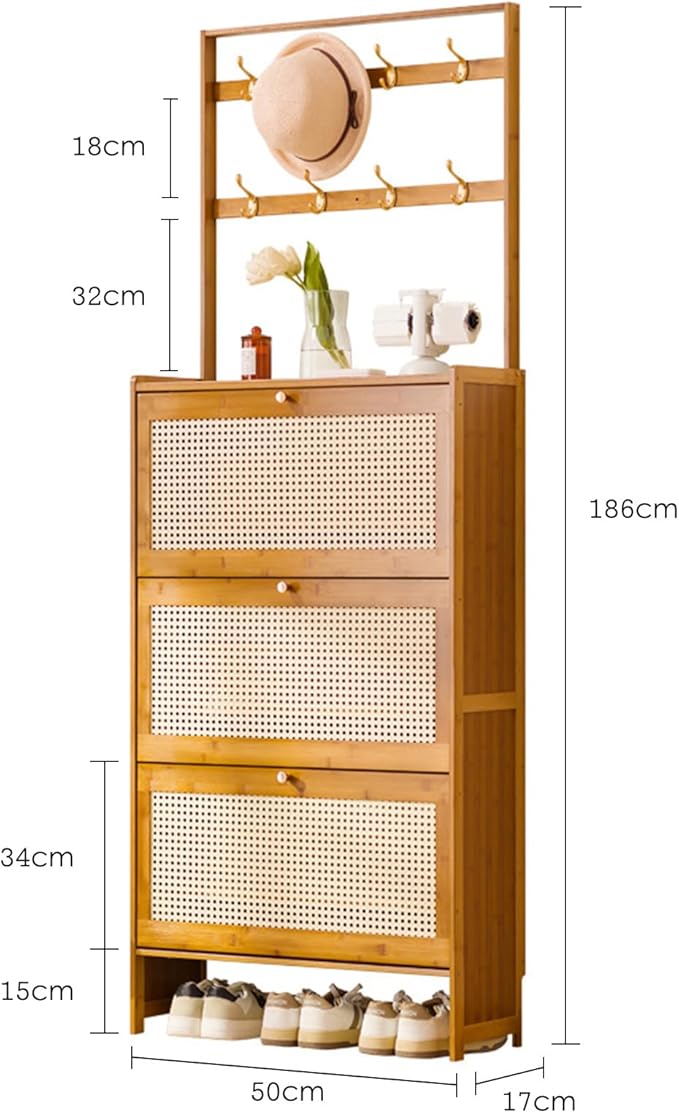 Modern Free Standing Rattan Coat Rack with 3 Flip Drawers 3Tier Shoe Storage Organizer for Entrance Hallway Natural and Stylish Design(50x17x186cm)