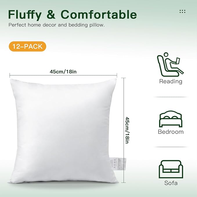 OTOSTAR Pack of 12 Throw Pillow Inserts, 18 x 18 Square Cushion Inner Soft Fluffy Plump Stuffer Cushion Pads White Decorative Pillow Inserts