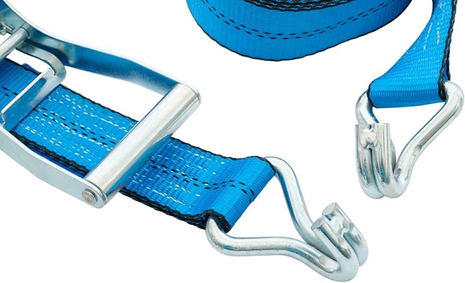 Mytee Products 20 Pack 2 inch x30 ft Heavy Duty Ratchet Straps with Double J Hooks - 10,000 Lbs Breaking Strength Blue Tie Down Straps w/Wire Hooks for Industrial Use, Trailers, Truck Cargo