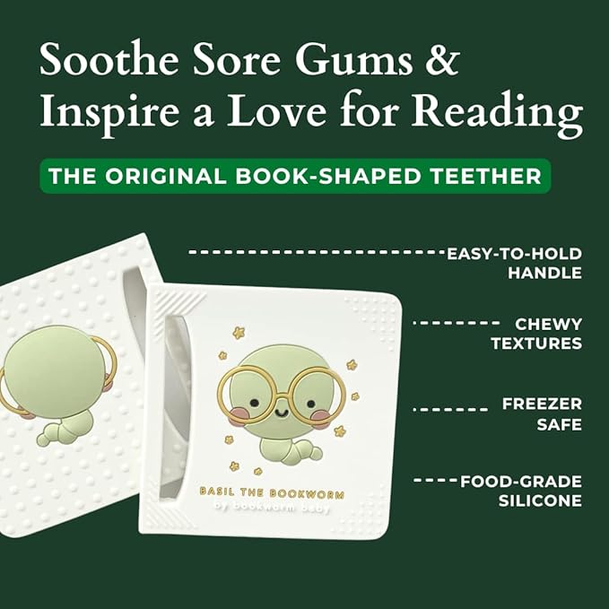 Basil The Bookworm Baby Teether - Premium BPA Free Silicone Teething Toy | Perfect for Baby Showers | Unique Book-Shaped Design | Freezer & Dishwasher Safe (Age: 3+ Months)