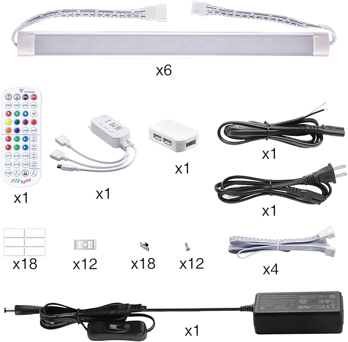 LABOREDUCER RGB Under Cabinet Lights,6 Pack Plug in or Hardwired Linkable RGB LED Closet Light with Remote and APP Control,24V Under Cabinet Lighting for Kitchen Closet Counter 18W(RGB+Cool White