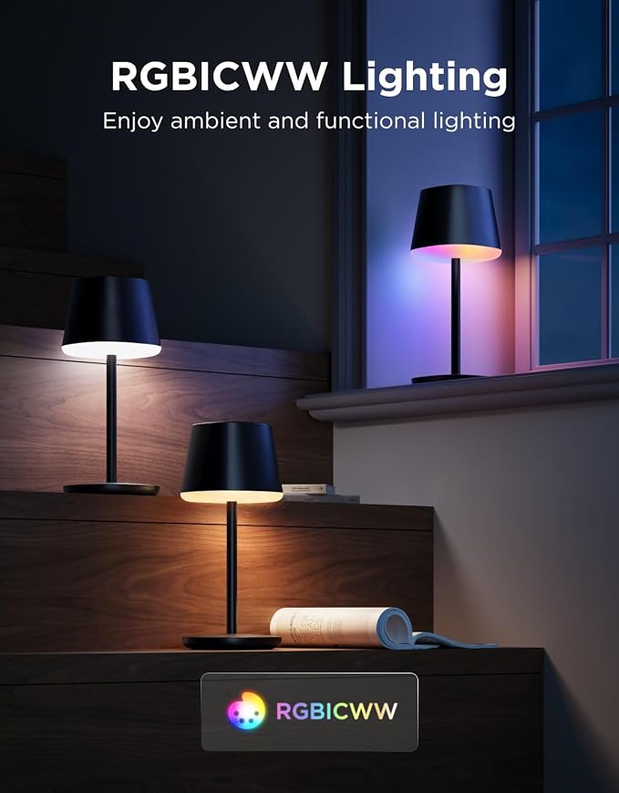 Govee Smart Cordless Table Lamp Classic (No Adapter), RGBIC Desk Lamp | Rechargeable Table Lamp for Bedroom, Living Room, Portable Lamp Works with Matter, Bedside Lamp with 72 Scenes Modes, 500lm