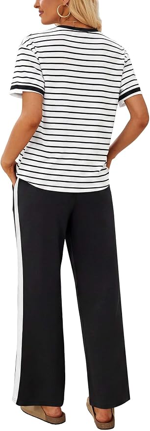 Sampeel 2 Piece Sets for Women Matching Sets Summer Outfits Resort Wear Short Sleeve Lounge Set Wide Leg Pants with Pockets