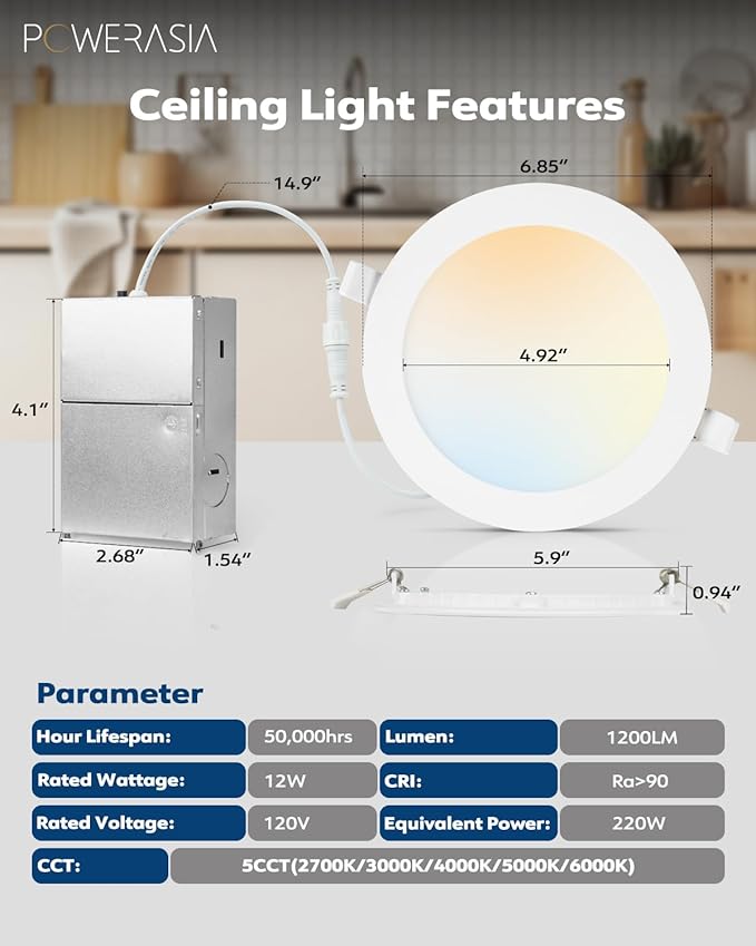 12 Pack 6 Inch Ultra-Thin LED Recessed Ceiling Light with Junction Box, Recessed Lighting 6 Inch 6000K Dimmable Clear White, 15W 220W Eqv, 1200LM High Brightness - ETL and Energy Star Certified