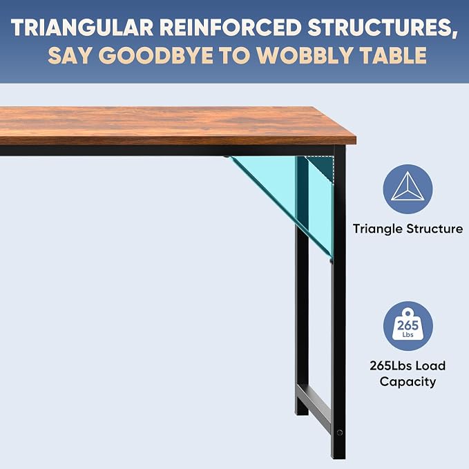 DUMOS 63 Inch Small Computer Desk, Gaming Desks for Home Office Bedroom | Modern Study Writing Work Table, Craft PC Desk Simple Workstation with Reinforcement Structure, Rustic Brown