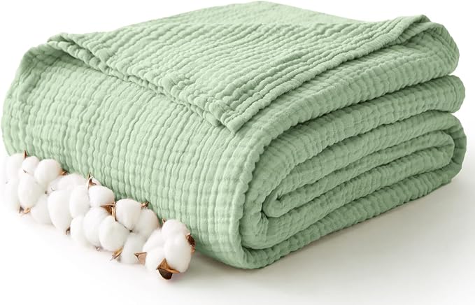 100% Cotton Muslin Blanket Large 50" x 70", 6 Layers Breathable and Lightweight Cotton Throw Blanket for Bed and Couch, Soft Quilt Bedspread, Gauze Blanket for Adults All Season, Sage Green