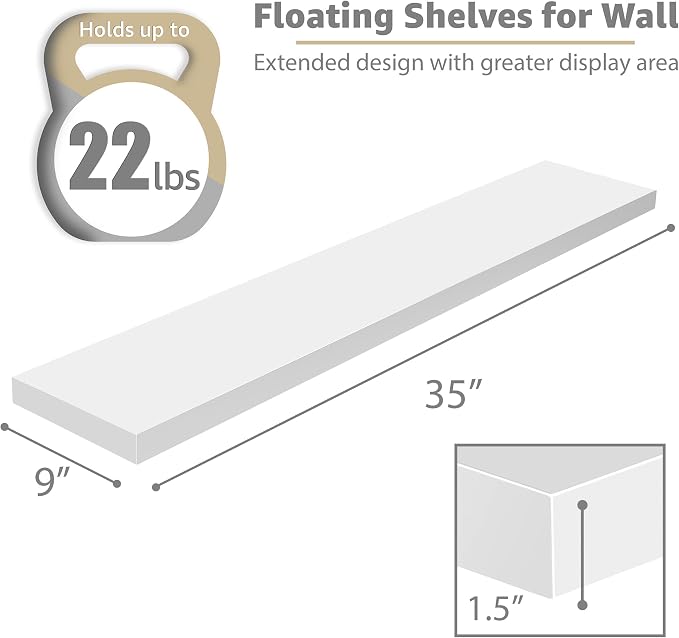 Sorbus Floating Shelves for Wall - 35 Inch Long Bathroom Shelves, Wall Decor for Bedroom, Kitchen, Living Room & Book Storage - Mounted Floating Shelf with Invisible Brackets (White, 3 Pack)