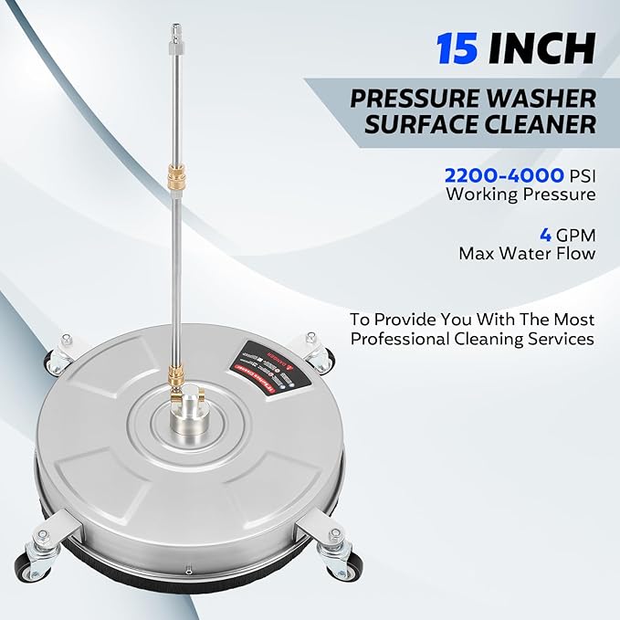 FAHKNS 15" Pressure Washer Surface Cleaner with 4 Wheels Stainless Steel Housing Power Washer Surface Cleaner with Replacement Nozzles & Extension Wands 4000PSI