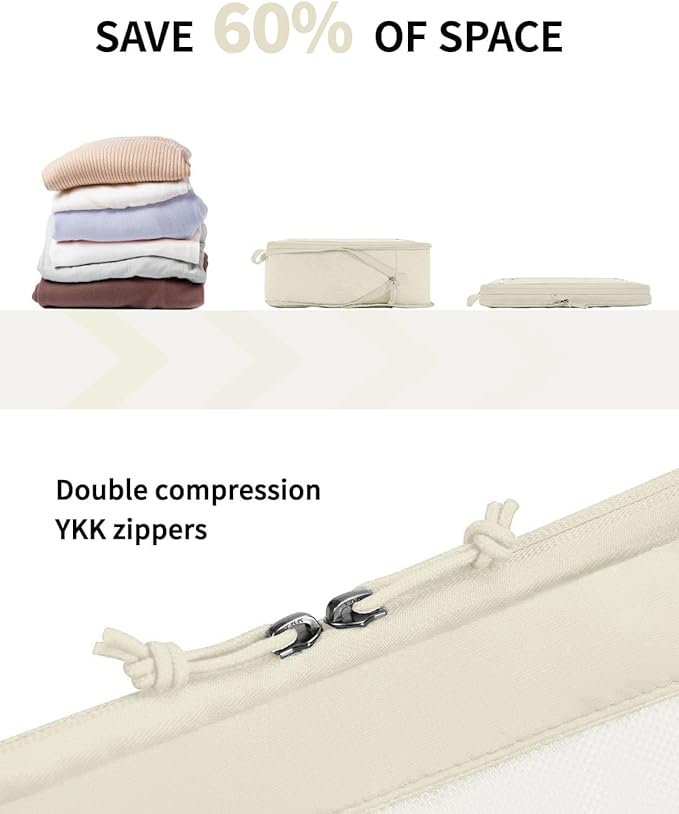 ECOHUB 5 Set Compression Packing Cubes for Suitcases Organiser Bags Set Travel Essentials with Shoe Bag for Traveling Tear-resistant Travel Accessories with ID Tag Expandable Packing Bags(Beige)