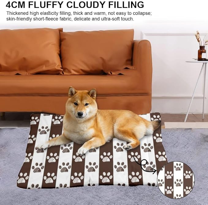 Brown Paw Print Stripes Dogs Bed Furniture Dog Crate Mat Dog Bed Pads for Crates Crate Washable Non-Slip Beds for Crates Beds Medium Dogs Mat Kennel Accessories Indoor Outdoor 36X24 Inch