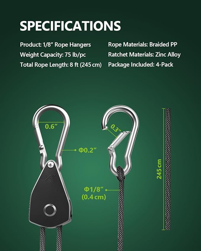 4-Pack 1/8" Adjustable Rope Hanger, Heavy Duty Ratchet Tie Down Strap with Reinforced Metal Gear, Ratcheting Pulley System Kayak Straps for Hanging Plants Grow Light and Various Tie-Down Uses