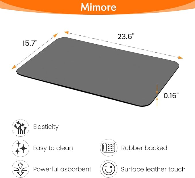 Mimore Coffee Mat - 16x24 Inch Grey Countertop Mat - Absorbent, Hides Stains, Rubber Backed - Dish Drying Mat Fits Under Coffee Maker, Espresso Machine