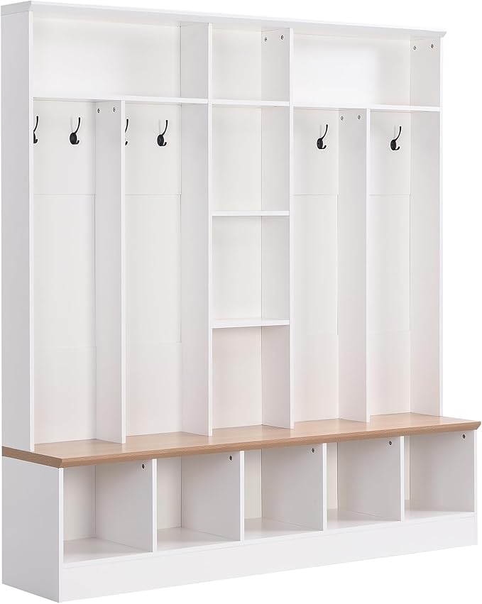 Merax 72'' H Hall Tree with Shoe Storage Bench, Modern Hall Tree with Storage Shelves & 8 Hooks, Coat Rack for Entryway, Mudroom, Hallway, Living Room,White